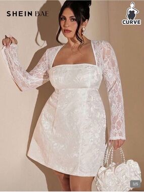 SHEIN White Lace Long Sleeve Square Neck Mini Dress